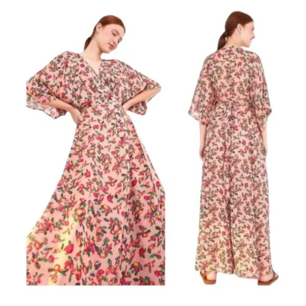 NWOT Farm Rio Dainty cashew Maxi Wrap Dress With Kimono Sleeves & Tie Waist XS - Picture 1 of 7